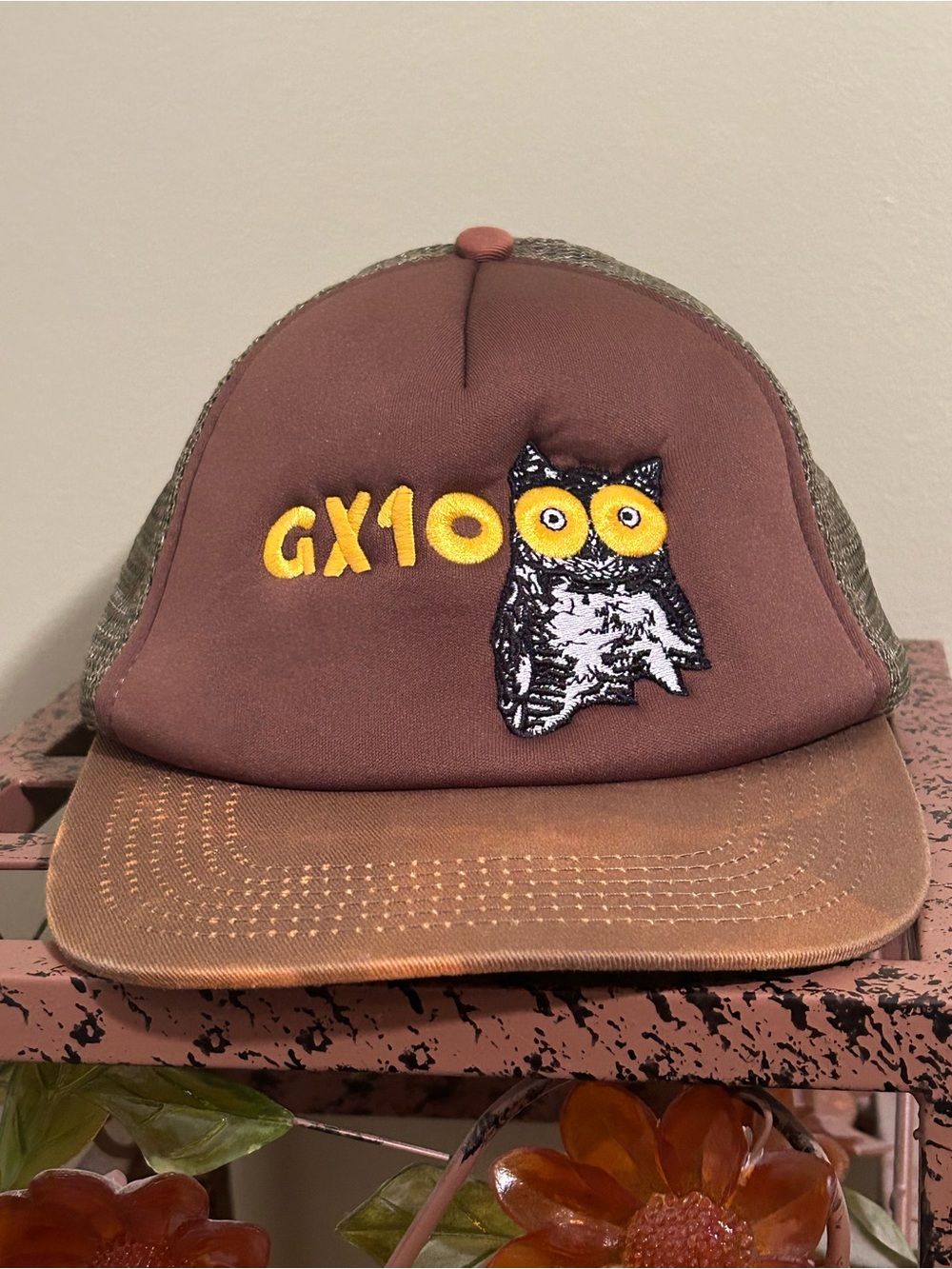 GX1000 Owl Trucker Hat Brown Green Sun Faded Bleached Thrashed Skater Cap